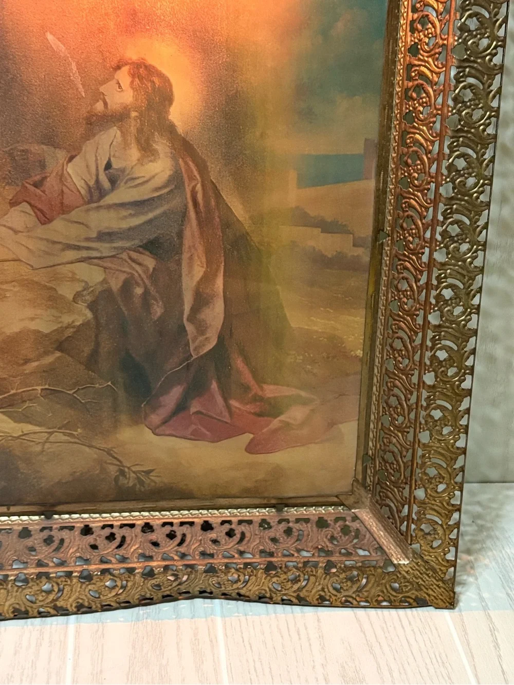 Vintage Antique Lighted 3D Hologram Jesus Lenticular Framed Metal Tested